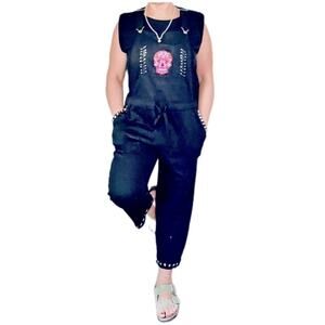 Womens Custom Overalls one of onE embellished w/ silver studs skull saftey pins